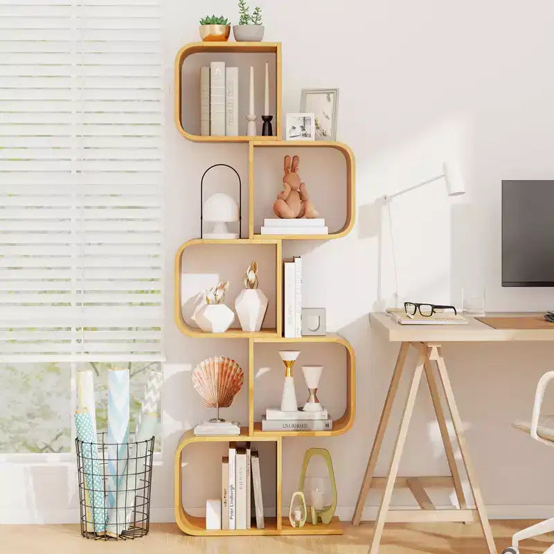 Libreria in bambù a forma di S a 5 ripiani, confezione da 2, con 5 cubi aperti, scaffale angolare da esposizione