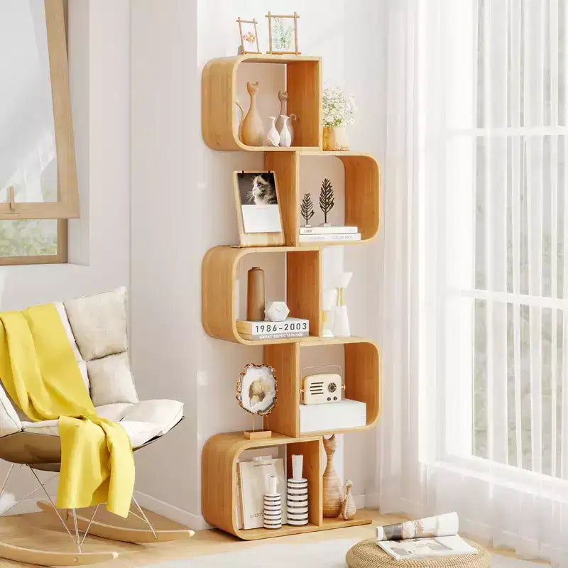 Libreria in bambù a forma di S a 5 ripiani, confezione da 2, con 5 cubi aperti, scaffale angolare da esposizione