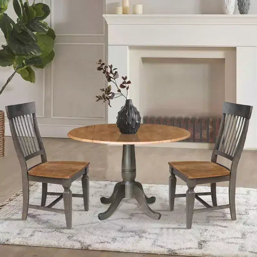 Set da 3 Pezzi Tavolo da Pranzo Rotondo da 42" con Doppia Prolunga a Goccia e 2 Sedie con Schienale a Sbarre Noce Americano/Carbone Lavato - International Concepts: Set Compatto in Parawood