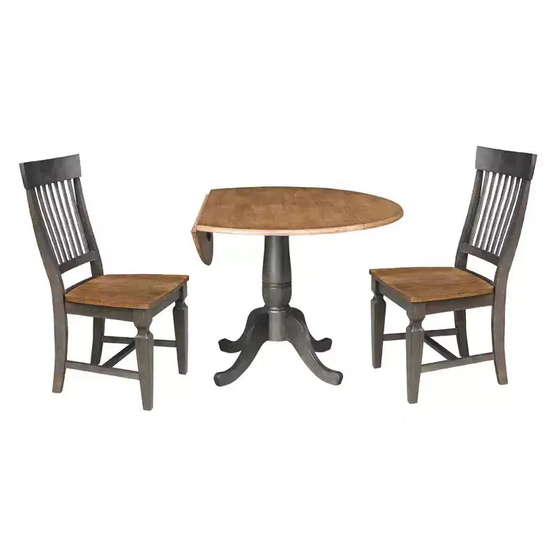 Set da 3 Pezzi Tavolo da Pranzo Rotondo da 42" con Doppia Prolunga a Goccia e 2 Sedie con Schienale a Sbarre Noce Americano/Carbone Lavato - International Concepts: Set Compatto in Parawood