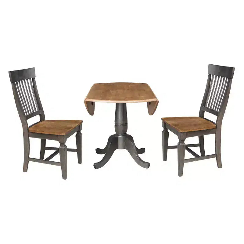 Set da 3 Pezzi Tavolo da Pranzo Rotondo da 42" con Doppia Prolunga a Goccia e 2 Sedie con Schienale a Sbarre Noce Americano/Carbone Lavato - International Concepts: Set Compatto in Parawood