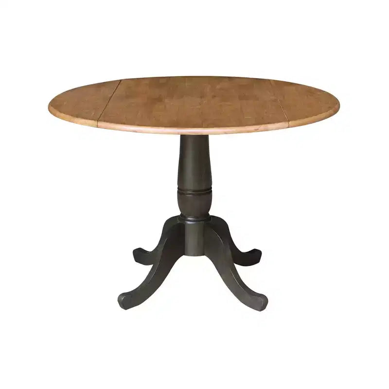 Set da 3 Pezzi Tavolo da Pranzo Rotondo da 42" con Doppia Prolunga a Goccia e 2 Sedie con Schienale a Sbarre Noce Americano/Carbone Lavato - International Concepts: Set Compatto in Parawood