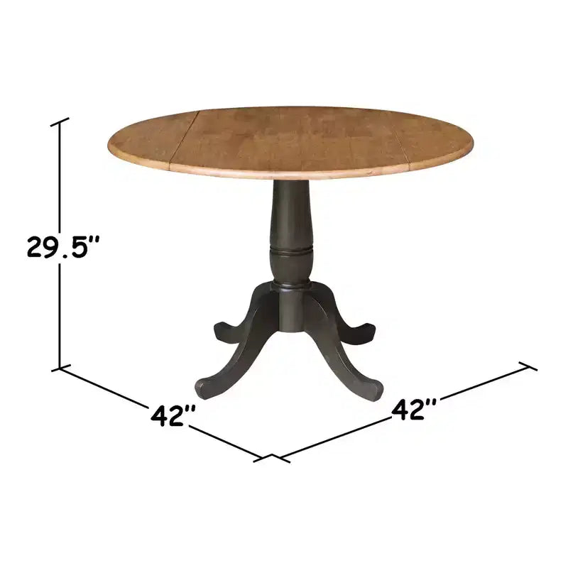 Set da 3 Pezzi Tavolo da Pranzo Rotondo da 42" con Doppia Prolunga a Goccia e 2 Sedie con Schienale a Sbarre Noce Americano/Carbone Lavato - International Concepts: Set Compatto in Parawood