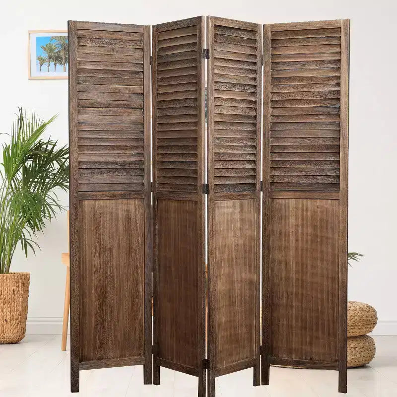 Divisorio Pieghevole a 4 Pannelli con Design a Doghe, Legno di Paulownia, Marrone