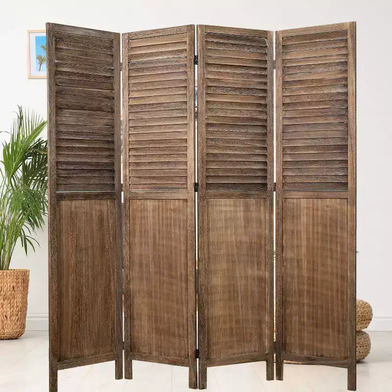 Divisorio Pieghevole a 4 Pannelli con Design a Doghe, Legno di Paulownia, Marrone
