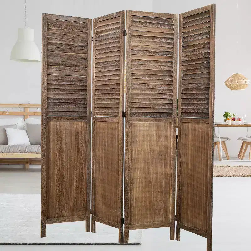 Divisorio Pieghevole a 4 Pannelli con Design a Doghe, Legno di Paulownia, Marrone