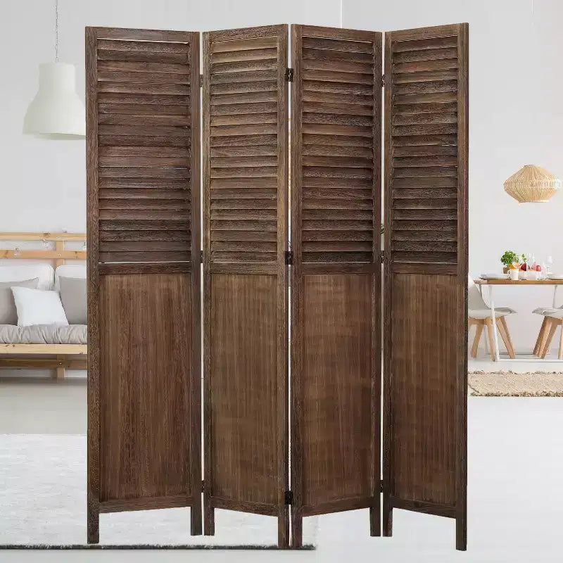 Divisorio Pieghevole a 4 Pannelli con Design a Doghe, Legno di Paulownia, Marrone