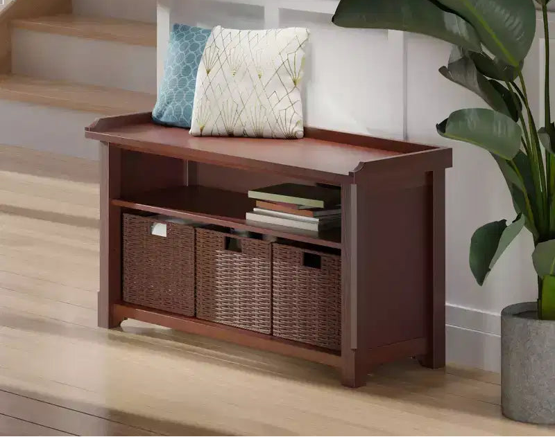 22.05" 4pc Milan Storage Hall Bench with Baskets Walnut - Winsome: Foyer Organizer, Shoe Rack