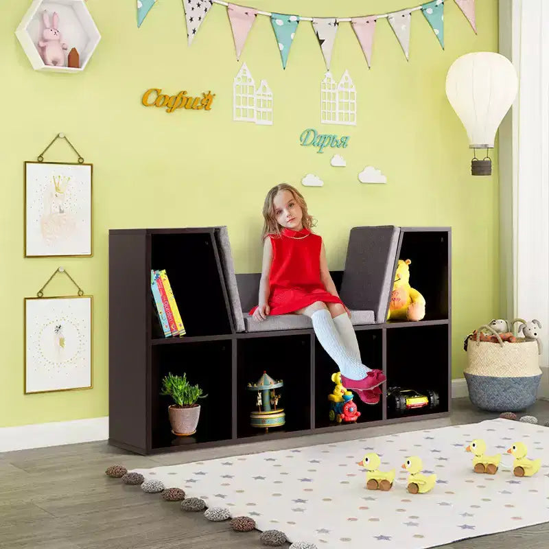 Costway Mobile Contenitore per Bambini a 6 Scomparti, Libreria con Cuscini, Scaffale da Lettura Multiuso Marrone