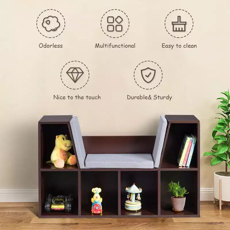 Costway Mobile Contenitore per Bambini a 6 Scomparti, Libreria con Cuscini, Scaffale da Lettura Multiuso Marrone