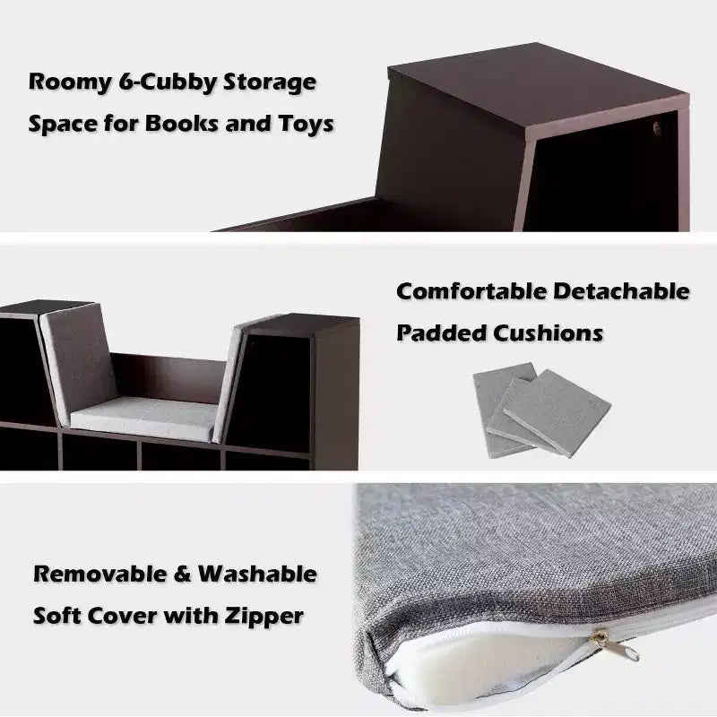 Costway Mobile Contenitore per Bambini a 6 Scomparti, Libreria con Cuscini, Scaffale da Lettura Multiuso Marrone