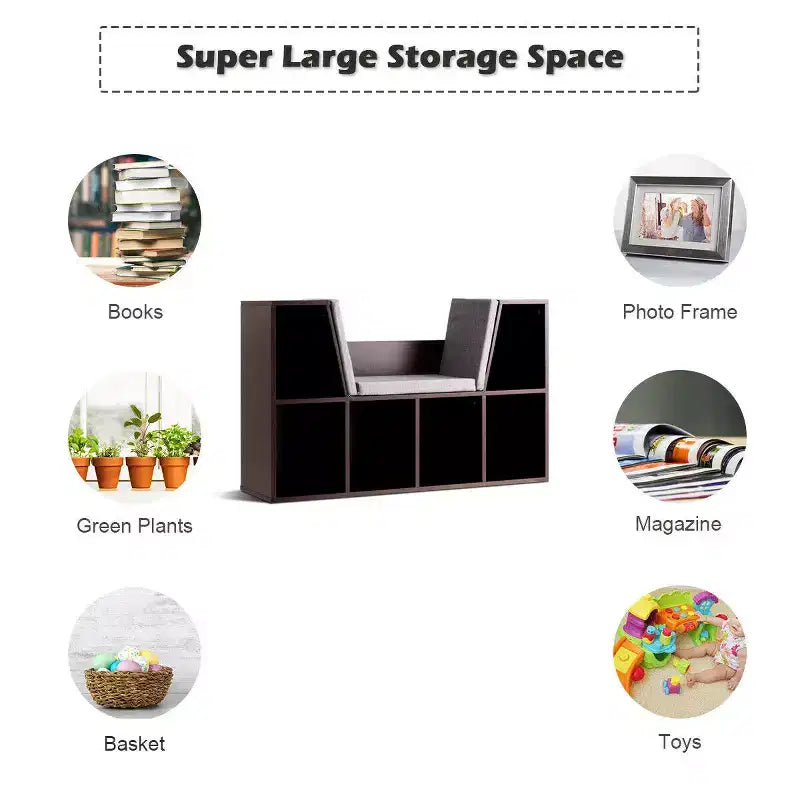 Costway Mobile Contenitore per Bambini a 6 Scomparti, Libreria con Cuscini, Scaffale da Lettura Multiuso Marrone