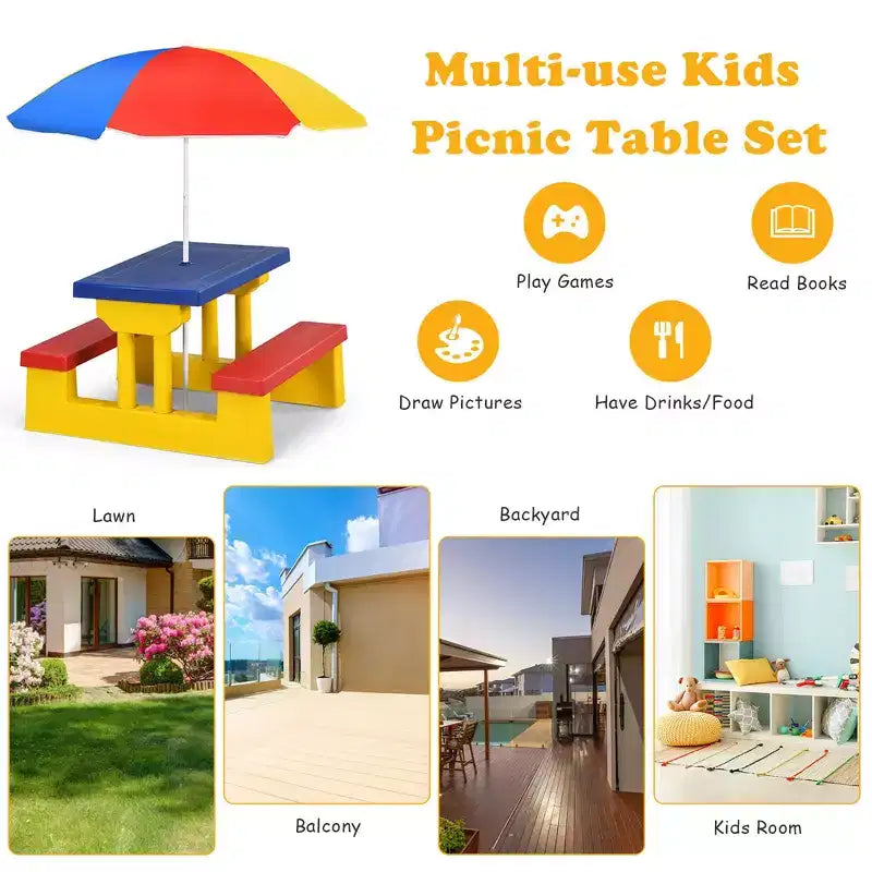 Costway Tavolo da Picnic per Bambini con Ombrello Rimovibile, per Interni, Esterni, Giardino, Patio