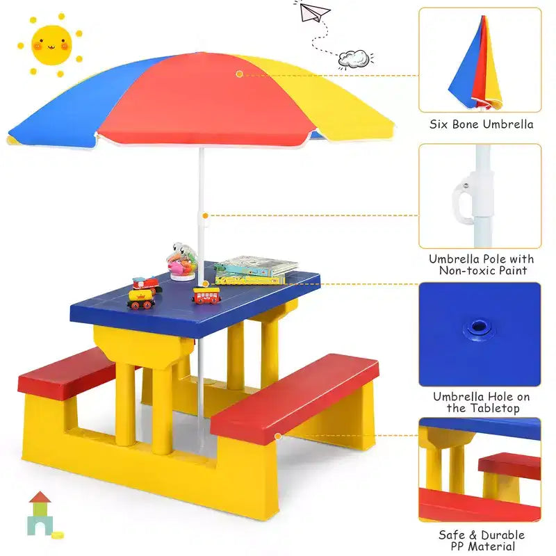 Costway Tavolo da Picnic per Bambini con Ombrello Rimovibile, per Interni, Esterni, Giardino, Patio