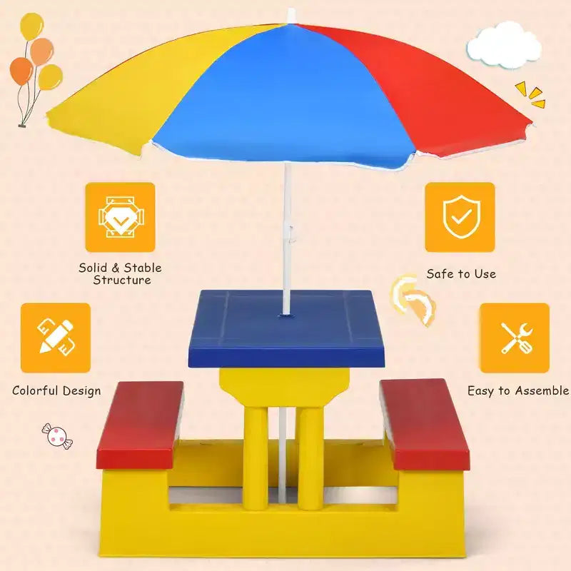 Costway Tavolo da Picnic per Bambini con Ombrello Rimovibile, per Interni, Esterni, Giardino, Patio