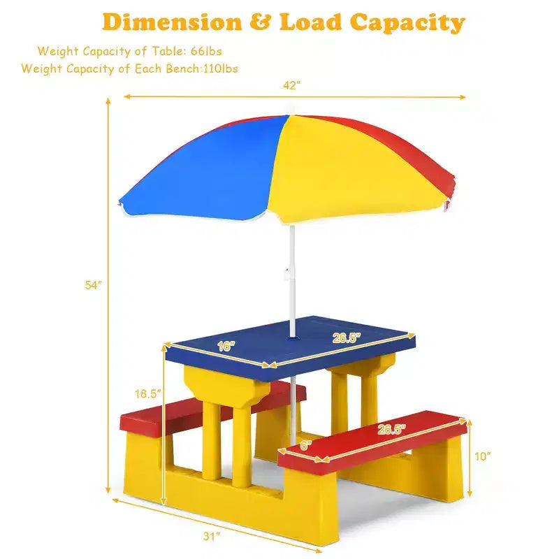 Costway Tavolo da Picnic per Bambini con Ombrello Rimovibile, per Interni, Esterni, Giardino, Patio