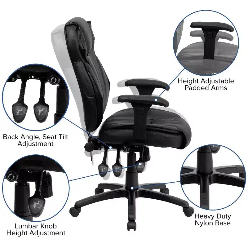 Sedia da ufficio ergonomica multifunzione Emma e Oliver High Back in LeatherSoft nero, manopola lombare