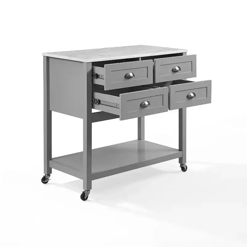 Carrello da Cucina con 4 Cassetti, Ripiano Fisso e Ruote Bloccabili, Finitura Impiallacciata