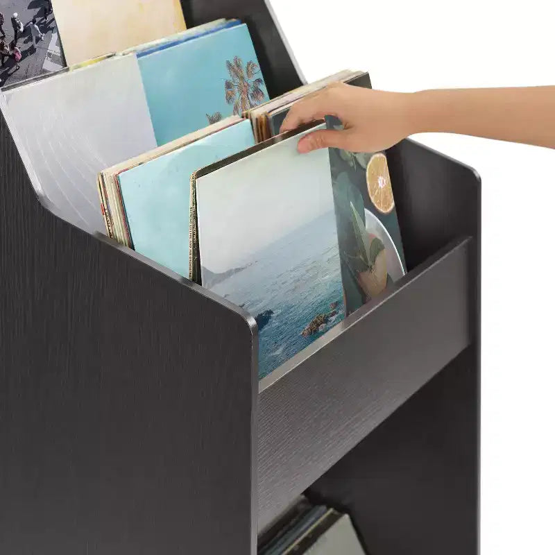 Supporto porta vinili con 2 ripiani aperti, in legno di gomma e MDF, 114 cm