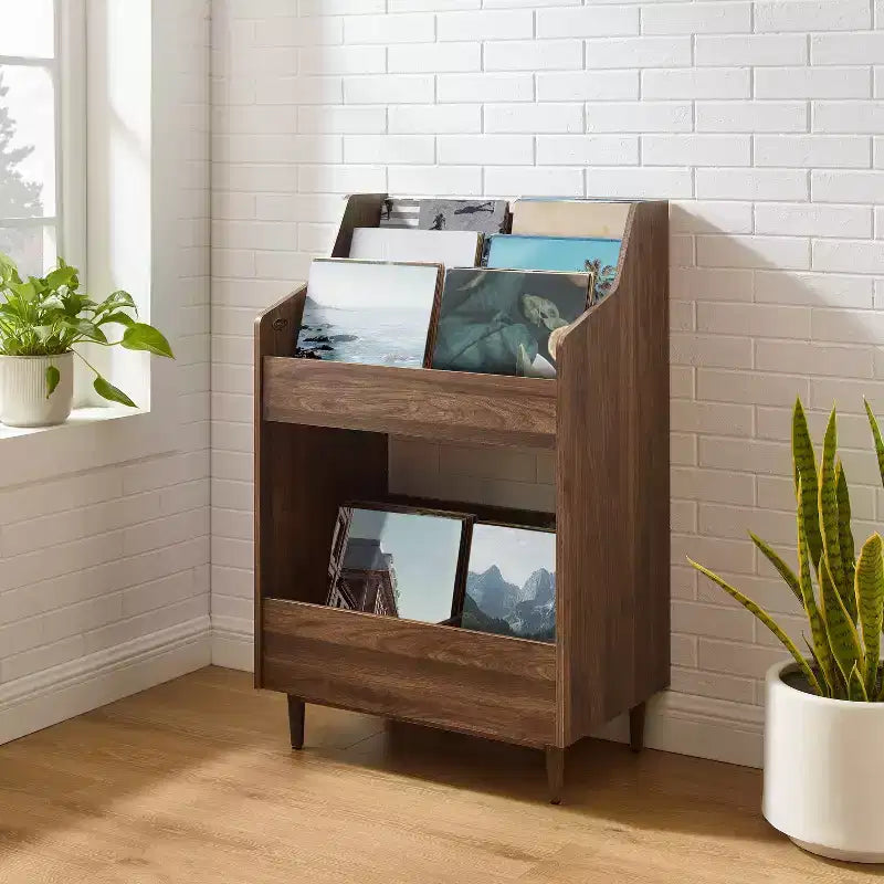 Supporto porta vinili con 2 ripiani aperti, in legno di gomma e MDF, 114 cm