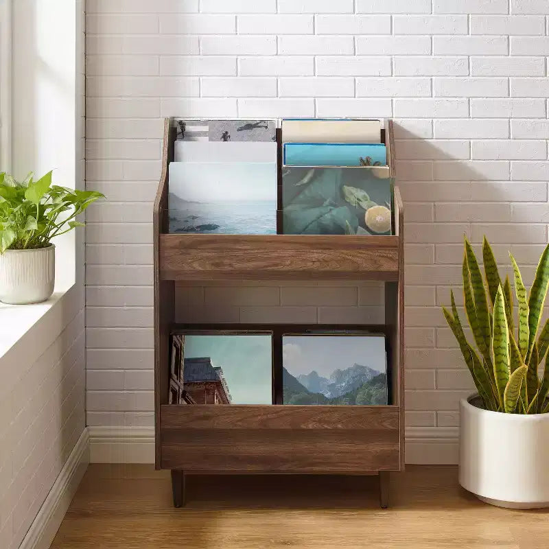 Supporto porta vinili con 2 ripiani aperti, in legno di gomma e MDF, 114 cm