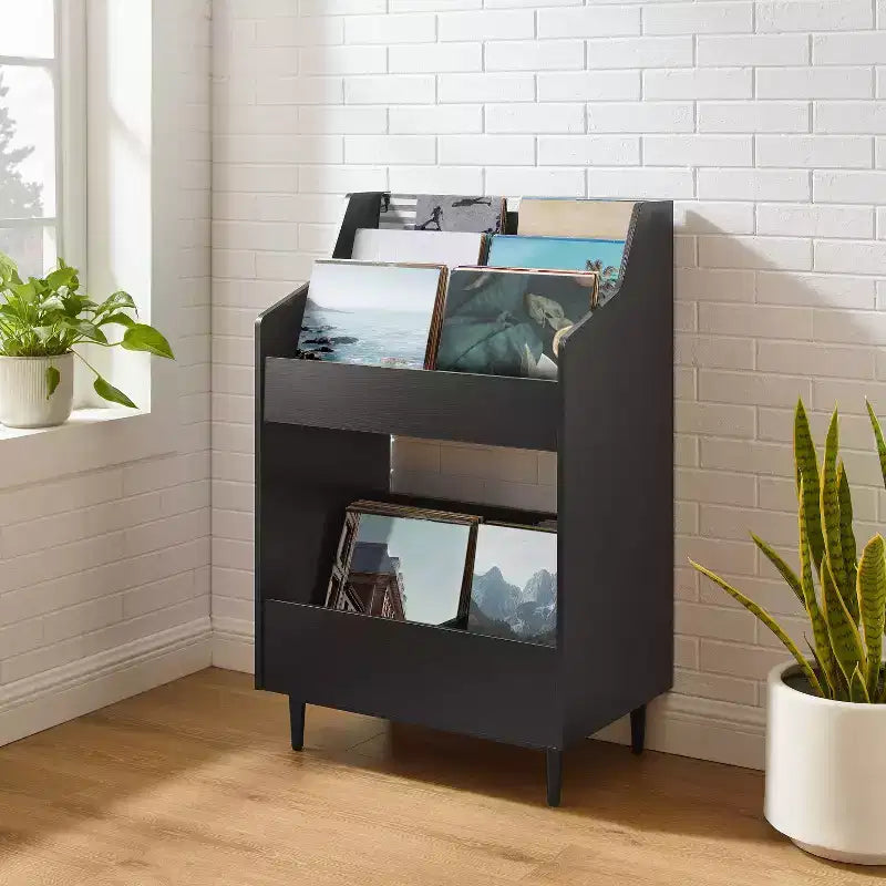 Supporto porta vinili con 2 ripiani aperti, in legno di gomma e MDF, 114 cm