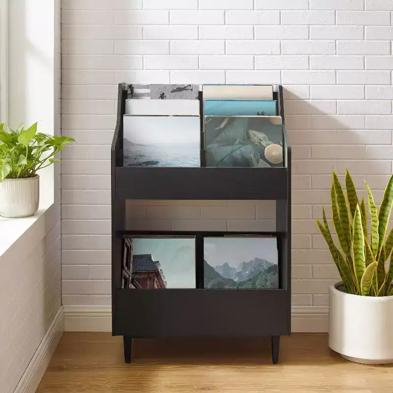 Supporto porta vinili con 2 ripiani aperti, in legno di gomma e MDF, 114 cm