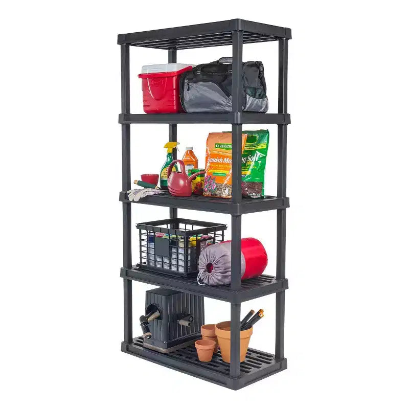 Scaffale multiuso resistente a 5 ripiani in plastica, nero, capacità 45 kg per ripiano
