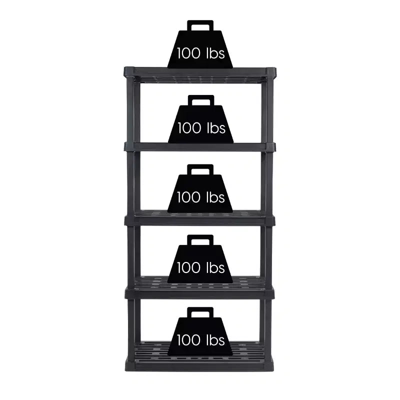 Scaffale multiuso resistente a 5 ripiani in plastica, nero, capacità 45 kg per ripiano
